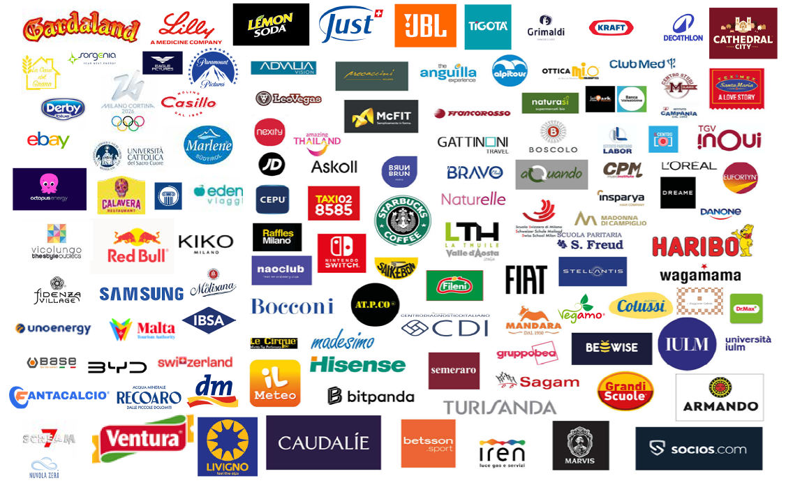 I brand che hanno scelto DecorazioneTreni: Gardaland, Lilly, Lemon Soda, JUST, JBL, Tigota, Grimaldi, Kraft, Decathlon, Cathedral City, Red Bull, KIKO Milano, Starbucks, Nintendo Switch, Fiat, Samsung, BYD, Betsson Sport, Socios.com e molti altri